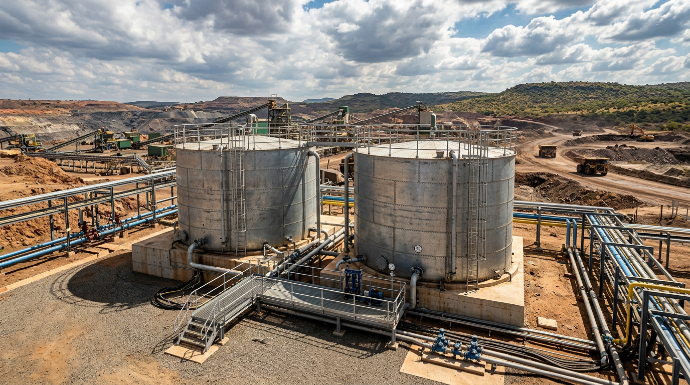 Large cylindrical water tanks at a mining site