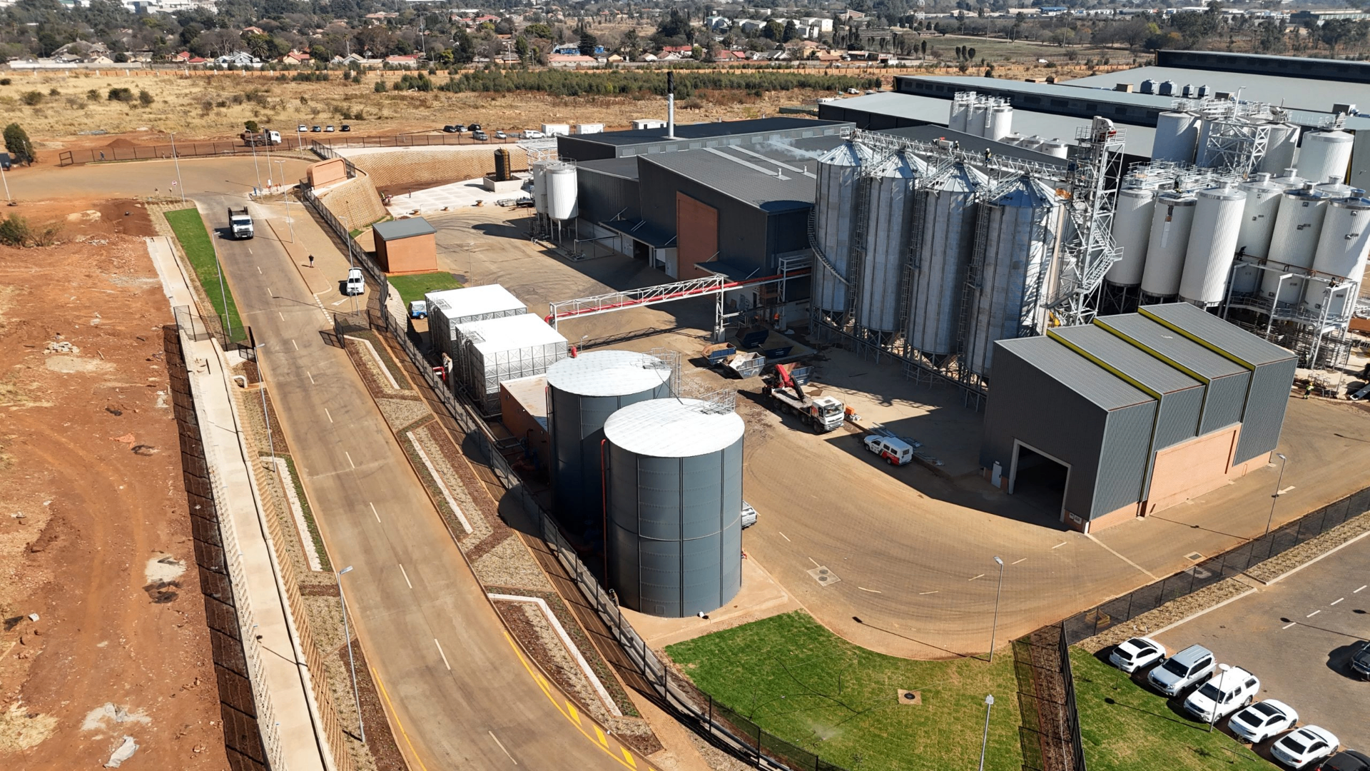 Steel water tanks aerial view