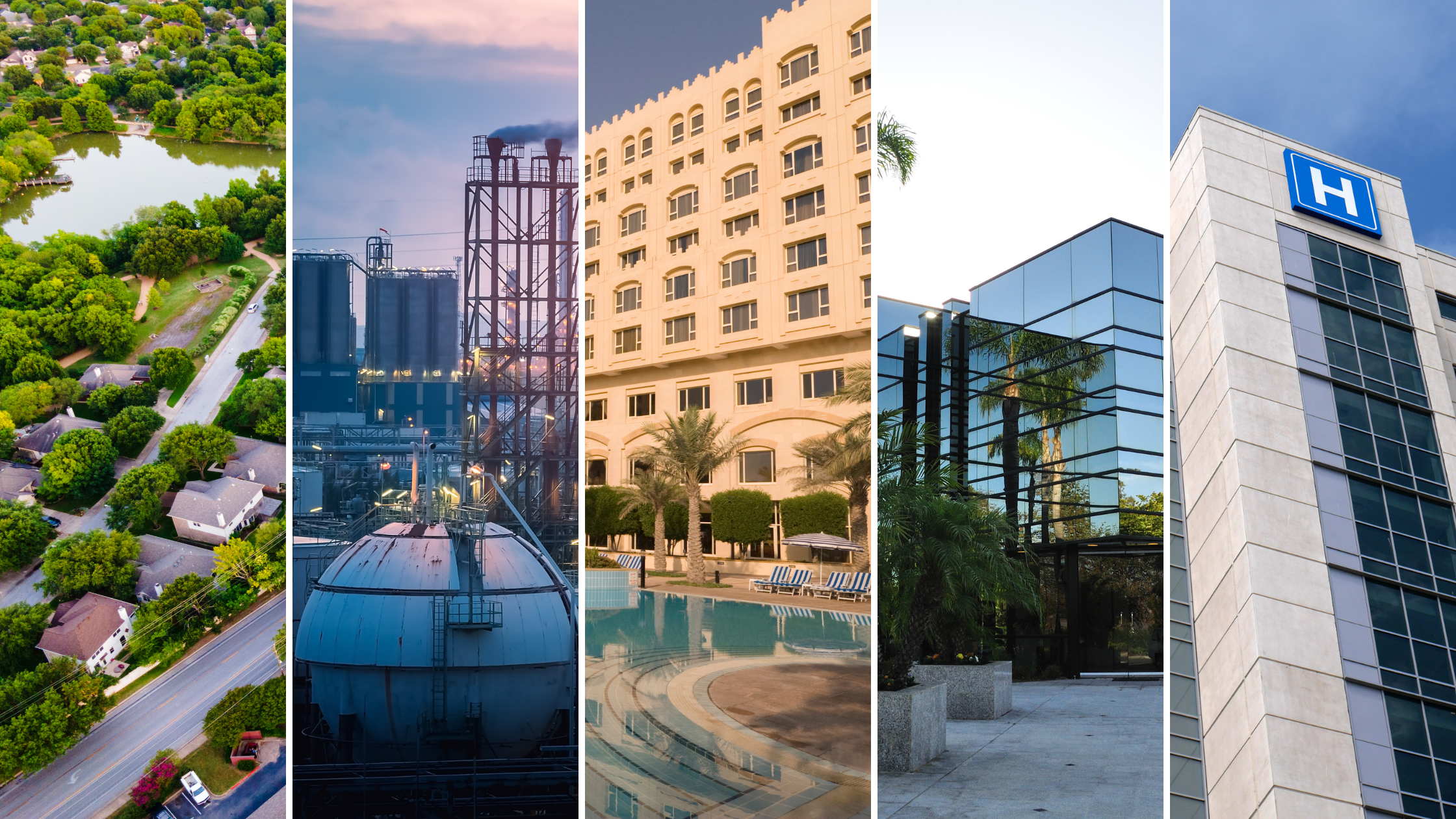 Collage of five industry sectors served by iWater Management, including residential estates, industrial manufacturing, hospitality, commercial property, and healthcare.