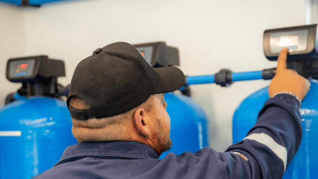 Close-up of a technician adjusting digital control valves on a containerized water filtration system.

