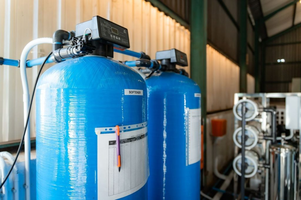 Blue water-softener vessels and RO components forming part of the ultra-pure turnkey water management solution.