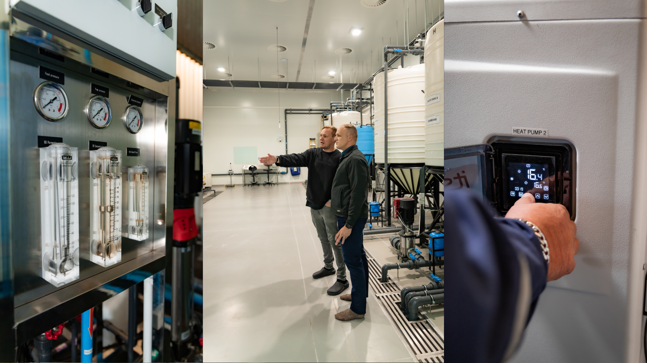 Integrated water management system inside a cannabis facility in Johannesburg, showing RO treatment gauges, storage tanks, heat pump controls and system inspection in progress.